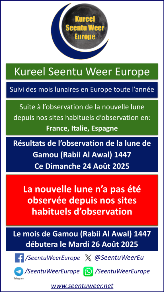 Résultats de l’observation de la lune de Gamou (Rabii Al Awal) 1447